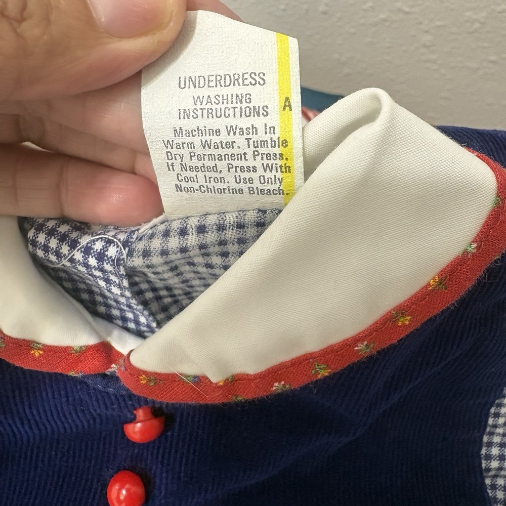 Vintage 2 Piece Farm Gingham Dress Navy Corduroy Pinafore Baby Girl Dress 9-12M - Picture 11 of 13